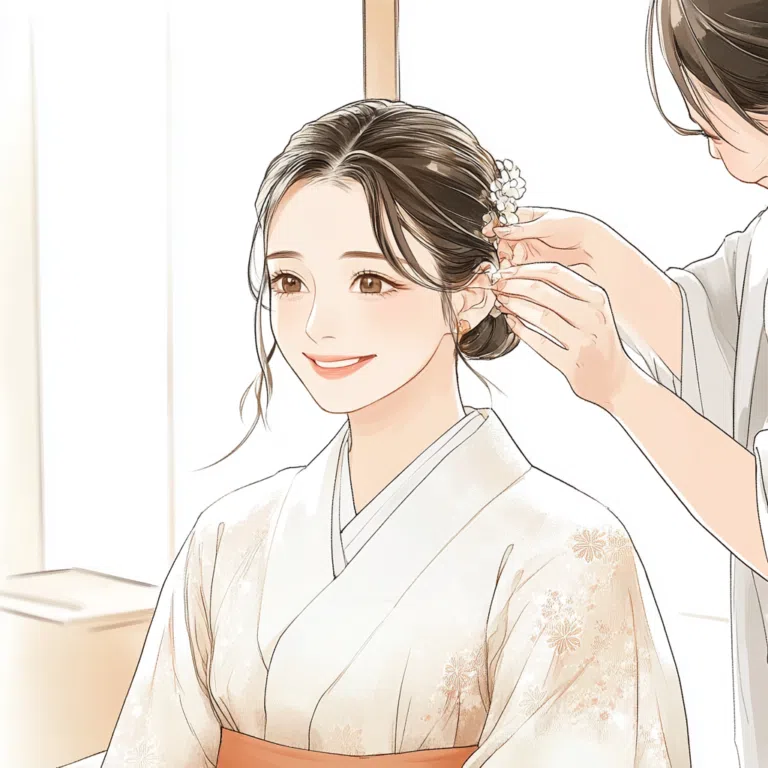 成人式当日の着付けとヘアメイクをする女性のイラスト